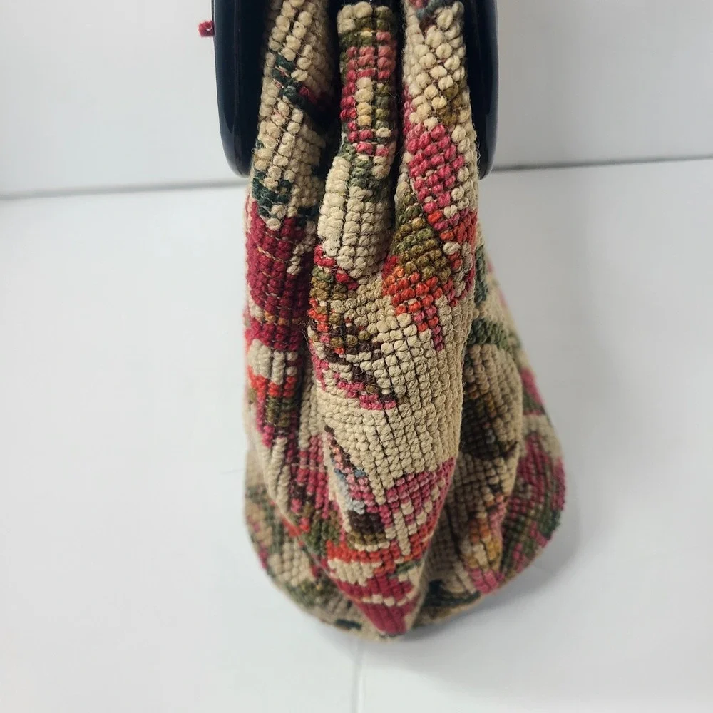 Vintage Needlepoint Floral Tapestry Satchel Handbag Double Handle Grannycore